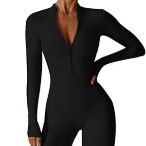 Womens Workout Jumpsuit Zip Up Rompers Long Sleeve Yoga Unitard Full Length